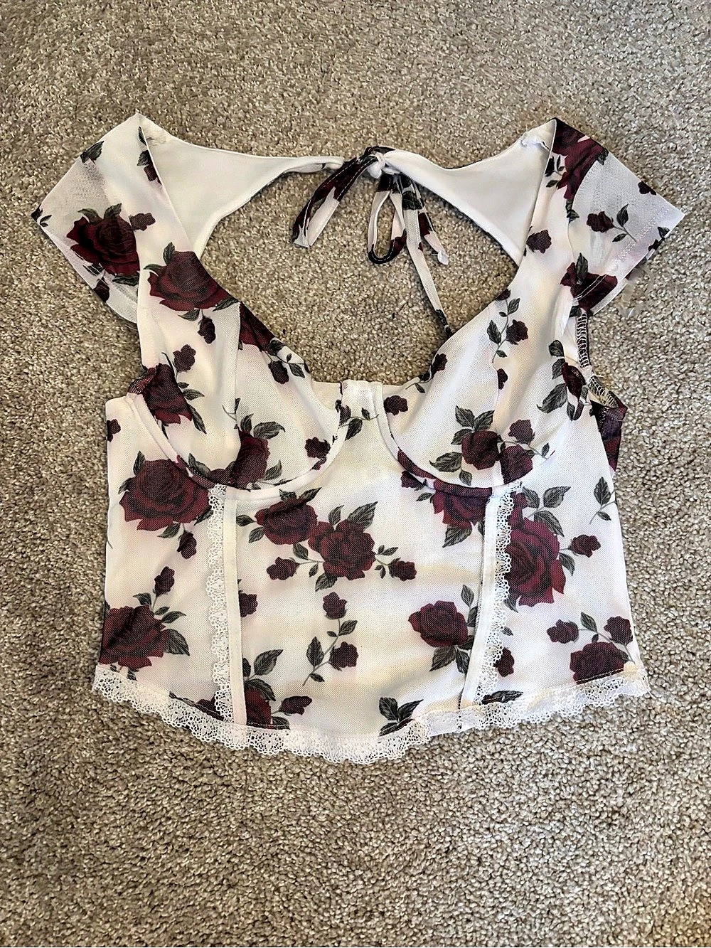 Derek Heart Floral Lace Trim Crop Top in White & Purple Size Medium